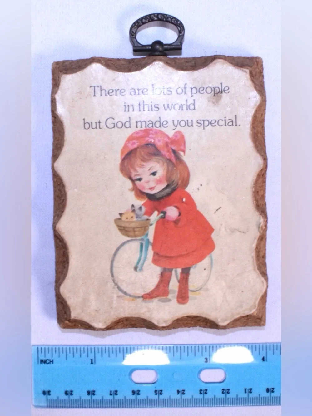 Vintage Cute Kitten and Girl Plaque with Bicycle and Religious Quote - cork
